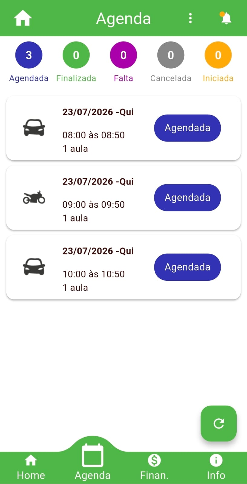 Agenda de aulas no aplicativo para autoescola e-condutor